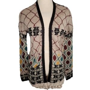 BKE Small Beige Knit Wool Blend Open Front Lace Trim Sweater Cardigan